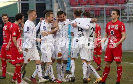 Fussball 2. Liga. SK Austria Klagenfurt gegen  FC Mohren Dornbirn.  Torjubel  Patrick Greil, Kosmas Gkezos, Markus Rusek, Markus Pink,  Tim Maciejewski,   (Klagenfurt). Klagenfurt, am 6.3.2021.
Foto: Kuess
www.qspictures.net
---
pressefotos, pressefotografie, kuess, qs, qspictures, sport, bild, bilder, bilddatenbank