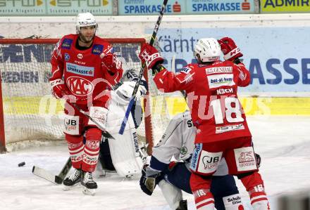 EBEL. Eishockey Bundesliga. KAC gegen	Fehervar AV19. Torjubel Rok Ticar, Thomas Koch (KAC). Klagenfurt, am 7.3.2021.
Foto: Kuess
www.qspictures.net

---
pressefotos, pressefotografie, kuess, qs, qspictures, sport, bild, bilder, bilddatenbank