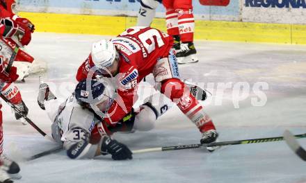 EBEL. Eishockey Bundesliga. KAC gegen	Fehervar AV19. Daniel Obersteiner,  (KAC), Paul Geiger  (Fehervar). Klagenfurt, am 7.3.2021.
Foto: Kuess
www.qspictures.net

---
pressefotos, pressefotografie, kuess, qs, qspictures, sport, bild, bilder, bilddatenbank