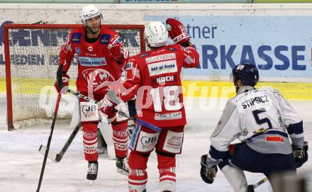 EBEL. Eishockey Bundesliga. KAC gegen	Fehervar AV19. Torjubel Rok Ticar, Thomas Koch (KAC). Klagenfurt, am 7.3.2021.
Foto: Kuess
www.qspictures.net

---
pressefotos, pressefotografie, kuess, qs, qspictures, sport, bild, bilder, bilddatenbank