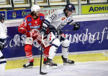 EBEL. Eishockey Bundesliga. KAC gegen	Fehervar AV19. Samuel Witting,  (KAC), Paul Geiger  (Fehervar). Klagenfurt, am 7.3.2021.
Foto: Kuess
www.qspictures.net

---
pressefotos, pressefotografie, kuess, qs, qspictures, sport, bild, bilder, bilddatenbank