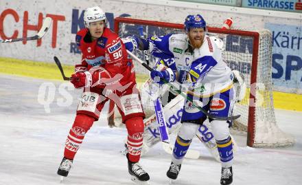 EBEL. Eishockey Bundesliga. KAC gegen	VSV.  Nicholas Eric Petersen, (KAC), Matthew Fraser   (VSV). Klagenfurt, am 12.3.2021.
Foto: Kuess
www.qspictures.net

---
pressefotos, pressefotografie, kuess, qs, qspictures, sport, bild, bilder, bilddatenbank