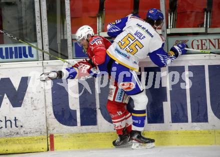 EBEL. Eishockey Bundesliga. KAC gegen	VSV. Stefan Geier, (KAC), Raphael Wolf   (VSV). Klagenfurt, am 12.3.2021.
Foto: Kuess
www.qspictures.net

---
pressefotos, pressefotografie, kuess, qs, qspictures, sport, bild, bilder, bilddatenbank