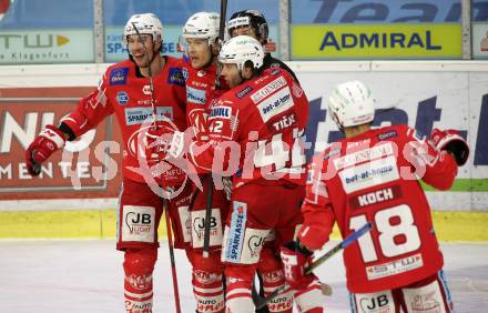 EBEL. Eishockey Bundesliga. KAC gegen	VSV. Torjubel Nicholas Eric Petersen, Matthew Fraser, Rok Ticar, Thomas Koch (KAC). Klagenfurt, am 12.3.2021.
Foto: Kuess
www.qspictures.net

---
pressefotos, pressefotografie, kuess, qs, qspictures, sport, bild, bilder, bilddatenbank