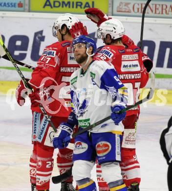 EBEL. Eishockey Bundesliga. KAC gegen	VSV. Torjubel Lukas Haudum, Thomas Hundertpfund, Clemens Unterweger, Manuel Geier (KAC). Klagenfurt, am 12.3.2021.
Foto: Kuess
www.qspictures.net

---
pressefotos, pressefotografie, kuess, qs, qspictures, sport, bild, bilder, bilddatenbank