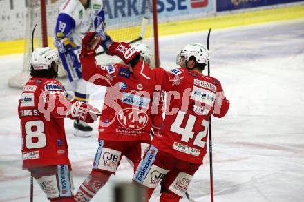 EBEL. Eishockey Bundesliga. KAC gegen	VSV.  Torjubel Samuel Witting, Johannes Bischofberger, Rok Ticar (KAC). Klagenfurt, am 12.3.2021.
Foto: Kuess
www.qspictures.net

---
pressefotos, pressefotografie, kuess, qs, qspictures, sport, bild, bilder, bilddatenbank