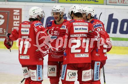 EBEL. Eishockey Bundesliga. KAC gegen	VSV. Torjubel Manuel Ganahl, Lukas Haudum, Thomas Hundertpfund, Clemens Unterweger, Manuel Geier (KAC). Klagenfurt, am 12.3.2021.
Foto: Kuess
www.qspictures.net

---
pressefotos, pressefotografie, kuess, qs, qspictures, sport, bild, bilder, bilddatenbank