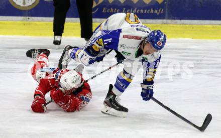 EBEL. Eishockey Bundesliga. KAC gegen	VSV. Manuel Ganahl, (KAC),   Scott Kosmachuk  (VSV). Klagenfurt, am 12.3.2021.
Foto: Kuess
www.qspictures.net

---
pressefotos, pressefotografie, kuess, qs, qspictures, sport, bild, bilder, bilddatenbank