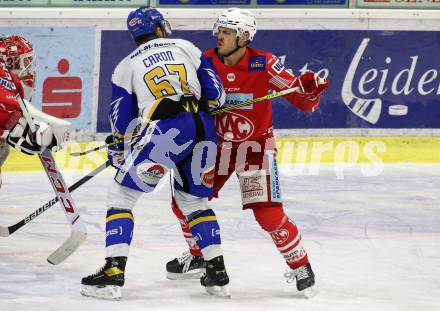 EBEL. Eishockey Bundesliga. KAC gegen	VSV. Thomas Vallant,  (KAC),   Jordan Caron (VSV). Klagenfurt, am 12.3.2021.
Foto: Kuess
www.qspictures.net

---
pressefotos, pressefotografie, kuess, qs, qspictures, sport, bild, bilder, bilddatenbank