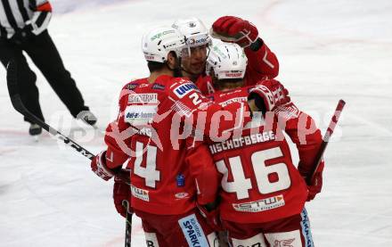 EBEL. Eishockey Bundesliga. KAC gegen	VSV. Torjubel Steven Strong, Thomas Hundertpfund, Johannes Bischofberger (KAC). Klagenfurt, am 12.3.2021.
Foto: Kuess
www.qspictures.net

---
pressefotos, pressefotografie, kuess, qs, qspictures, sport, bild, bilder, bilddatenbank