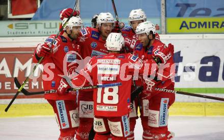 EBEL. Eishockey Bundesliga. KAC gegen	VSV. Torjubel Blaz Gregorc, Nicholas Eric Petersen, Matthew Fraser, Rok Ticar, Thomas Koch (KAC). Klagenfurt, am 12.3.2021.
Foto: Kuess
www.qspictures.net

---
pressefotos, pressefotografie, kuess, qs, qspictures, sport, bild, bilder, bilddatenbank