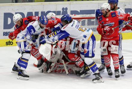 EBEL. Eishockey Bundesliga. VSV gegen KAC.  Jerry Pollastrone, Chris Collins,  (VSV), Johannes Bischofberger, Clemens Unterweger, Steven Strong (KAC). Villach, am 14.3.2021.
Foto: Kuess
www.qspictures.net
---
pressefotos, pressefotografie, kuess, qs, qspictures, sport, bild, bilder, bilddatenbank