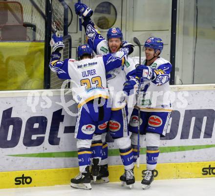 EBEL. Eishockey Bundesliga. VSV gegen KAC. Torjubel Martin Ulmer, Jordan Caron, Scott Kosmachuk  (VSV). Villach, am 14.3.2021.
Foto: Kuess
www.qspictures.net
---
pressefotos, pressefotografie, kuess, qs, qspictures, sport, bild, bilder, bilddatenbank