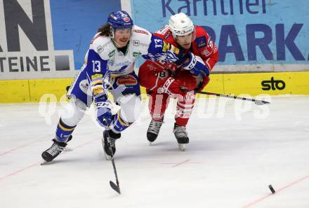 EBEL. Eishockey Bundesliga. VSV gegen KAC.  Chris Collins,  (VSV), Matthew Fraser (KAC). Villach, am 14.3.2021.
Foto: Kuess
www.qspictures.net
---
pressefotos, pressefotografie, kuess, qs, qspictures, sport, bild, bilder, bilddatenbank