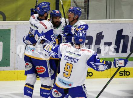 EBEL. Eishockey Bundesliga. VSV gegen KAC.  Torjubel Jordan Caron, Sahir Gill, Scott Kosmachuk, Kevin Schmidt (VSV). Villach, am 14.3.2021.
Foto: Kuess
www.qspictures.net
---
pressefotos, pressefotografie, kuess, qs, qspictures, sport, bild, bilder, bilddatenbank