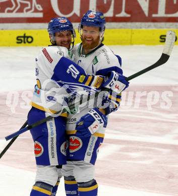 EBEL. Eishockey Bundesliga. VSV gegen KAC. Torjubel Nico Brunner, Jamie Fraser  (VSV). Villach, am 14.3.2021.
Foto: Kuess
www.qspictures.net
---
pressefotos, pressefotografie, kuess, qs, qspictures, sport, bild, bilder, bilddatenbank