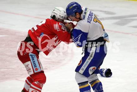 EBEL. Eishockey Bundesliga. VSV gegen KAC. Scott Kosmachuk, (VSV),   Rok Ticar  (KAC). Villach, am 14.3.2021.
Foto: Kuess
www.qspictures.net
---
pressefotos, pressefotografie, kuess, qs, qspictures, sport, bild, bilder, bilddatenbank