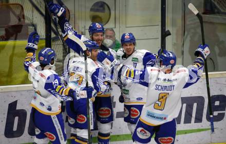 EBEL. Eishockey Bundesliga. VSV gegen KAC. Torjubel Sahir Gill, Martin Ulmer, Jordan Caron, Scott Kosmachuk, Kevin Schmidt  (VSV). Villach, am 14.3.2021.
Foto: Kuess
www.qspictures.net
---
pressefotos, pressefotografie, kuess, qs, qspictures, sport, bild, bilder, bilddatenbank