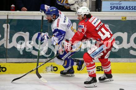 EBEL. Eishockey Bundesliga. VSV gegen KAC.  Jerry Pollastrone,  (VSV),  Samuel Witting (KAC). Villach, am 14.3.2021.
Foto: Kuess
www.qspictures.net
---
pressefotos, pressefotografie, kuess, qs, qspictures, sport, bild, bilder, bilddatenbank