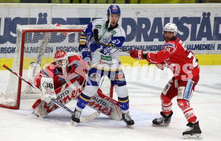 EBEL. Eishockey Bundesliga. VSV gegen KAC.  Jordan Caron,  (VSV), Sebastian Dahm, Steven Strong (KAC). Villach, am 14.3.2021.
Foto: Kuess
www.qspictures.net
---
pressefotos, pressefotografie, kuess, qs, qspictures, sport, bild, bilder, bilddatenbank