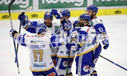 EBEL. Eishockey Bundesliga. VSV gegen KAC. Torjubel Scott Kosmachuk, Jordan Caron, Nico Brunner, Jamie Fraser, Sahir Gill  (VSV). Villach, am 14.3.2021.
Foto: Kuess
www.qspictures.net
---
pressefotos, pressefotografie, kuess, qs, qspictures, sport, bild, bilder, bilddatenbank