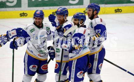 EBEL. Eishockey Bundesliga. VSV gegen KAC. Torjubel Jordan Caron, Nico Brunner, Jamie Fraser, Sahir Gill  (VSV). Villach, am 14.3.2021.
Foto: Kuess
www.qspictures.net
---
pressefotos, pressefotografie, kuess, qs, qspictures, sport, bild, bilder, bilddatenbank