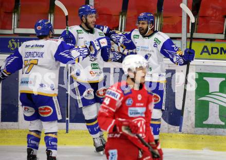 EBEL. Eishockey Bundesliga. KAC gegen	VSV. Torjubel Scott Kosmachuk, Jordan Caron, Sahir Gill  (VSV). Klagenfurt, am 16.3.2021.
Foto: Kuess
www.qspictures.net

---
pressefotos, pressefotografie, kuess, qs, qspictures, sport, bild, bilder, bilddatenbank