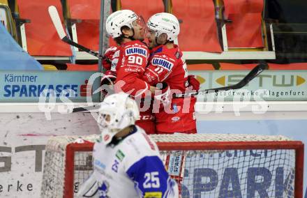 EBEL. Eishockey Bundesliga. KAC gegen	VSV. Torjubel Matthew Fraser, Lukas Haudum (KAC). Klagenfurt, am 16.3.2021.
Foto: Kuess
www.qspictures.net

---
pressefotos, pressefotografie, kuess, qs, qspictures, sport, bild, bilder, bilddatenbank