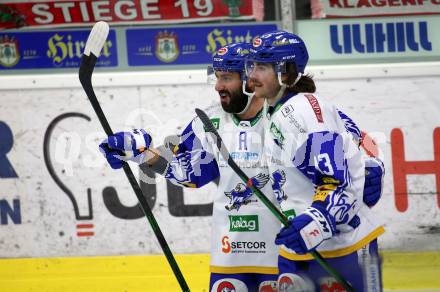 EBEL. Eishockey Bundesliga. KAC gegen	VSV. Torjubel Jerry Pollastrone, Chris Collins  (VSV). Klagenfurt, am 16.3.2021.
Foto: Kuess
www.qspictures.net

---
pressefotos, pressefotografie, kuess, qs, qspictures, sport, bild, bilder, bilddatenbank