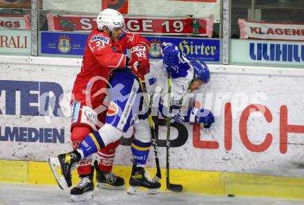 EBEL. Eishockey Bundesliga. KAC gegen	VSV. Manuel Geier, (KAC), Julian Kornelli   (VSV). Klagenfurt, am 16.3.2021.
Foto: Kuess
www.qspictures.net

---
pressefotos, pressefotografie, kuess, qs, qspictures, sport, bild, bilder, bilddatenbank