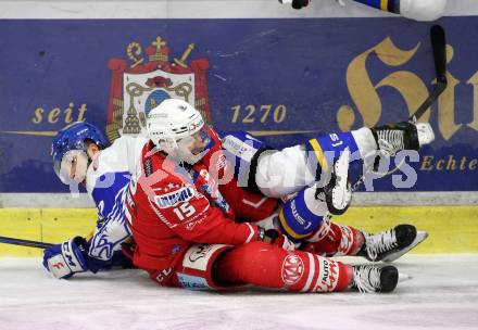 EBEL. Eishockey Bundesliga. KAC gegen	VSV. Blaz Gregorc, (KAC), Jordan Caron   (VSV). Klagenfurt, am 16.3.2021.
Foto: Kuess
www.qspictures.net

---
pressefotos, pressefotografie, kuess, qs, qspictures, sport, bild, bilder, bilddatenbank