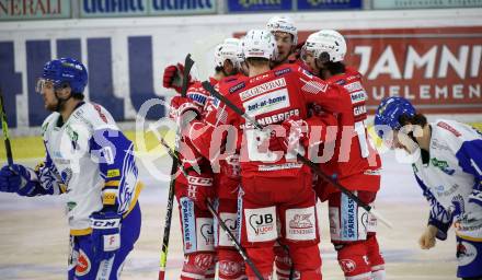 EBEL. Eishockey Bundesliga. KAC gegen	VSV.  Torjubel Rok Ticar, Nicholas Eric Petersen, Michael Kernberger, Manuel Ganahl (KAC). Klagenfurt, am 16.3.2021.
Foto: Kuess
www.qspictures.net

---
pressefotos, pressefotografie, kuess, qs, qspictures, sport, bild, bilder, bilddatenbank