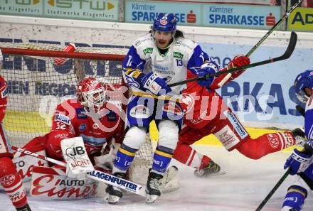 EBEL. Eishockey Bundesliga. KAC gegen	VSV. Sebastian Dahm,  (KAC),   Chris Collins (VSV). Klagenfurt, am 16.3.2021.
Foto: Kuess
www.qspictures.net

---
pressefotos, pressefotografie, kuess, qs, qspictures, sport, bild, bilder, bilddatenbank