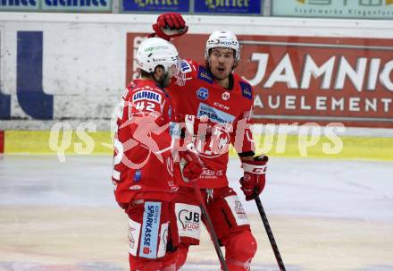 EBEL. Eishockey Bundesliga. KAC gegen	VSV.  Torjubel Rok Ticar, Nicholas Eric Petersen (KAC). Klagenfurt, am 16.3.2021.
Foto: Kuess
www.qspictures.net

---
pressefotos, pressefotografie, kuess, qs, qspictures, sport, bild, bilder, bilddatenbank