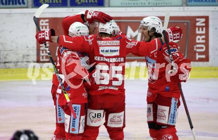 EBEL. Eishockey Bundesliga. KAC gegen	VSV. Torjubel Rok Ticar, Nicholas Eric Petersen, Michael Kernberger, Manuel Ganahl (KAC). Klagenfurt, am 16.3.2021.
Foto: Kuess
www.qspictures.net

---
pressefotos, pressefotografie, kuess, qs, qspictures, sport, bild, bilder, bilddatenbank