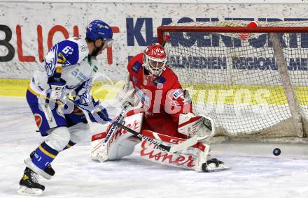 EBEL. Eishockey Bundesliga. KAC gegen	VSV. Sebastian Dahm,  (KAC),   Jordan Caron (VSV). Klagenfurt, am 16.3.2021.
Foto: Kuess
www.qspictures.net

---
pressefotos, pressefotografie, kuess, qs, qspictures, sport, bild, bilder, bilddatenbank