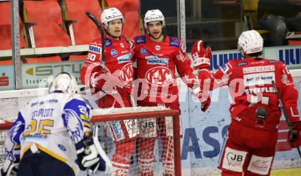 EBEL. Eishockey Bundesliga. KAC gegen	VSV. Torjubel Matthew Fraser, Lukas Haudum, Kele Steffler (KAC). Klagenfurt, am 16.3.2021.
Foto: Kuess
www.qspictures.net

---
pressefotos, pressefotografie, kuess, qs, qspictures, sport, bild, bilder, bilddatenbank