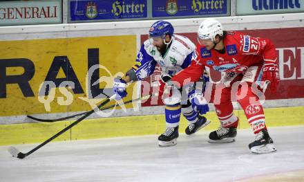 EBEL. Eishockey Bundesliga. KAC gegen	VSV. Thomas Hundertpfund,  (KAC), Jerry Pollastrone  (VSV). Klagenfurt, am 16.3.2021.
Foto: Kuess
www.qspictures.net

---
pressefotos, pressefotografie, kuess, qs, qspictures, sport, bild, bilder, bilddatenbank