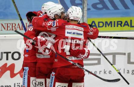 EBEL. Eishockey Bundesliga. KAC gegen	VSV. Torjubel Matthew Fraser, Thomas Koch, Thomas Vallant, Lukas Haudum (KAC). Klagenfurt, am 16.3.2021.
Foto: Kuess
www.qspictures.net

---
pressefotos, pressefotografie, kuess, qs, qspictures, sport, bild, bilder, bilddatenbank