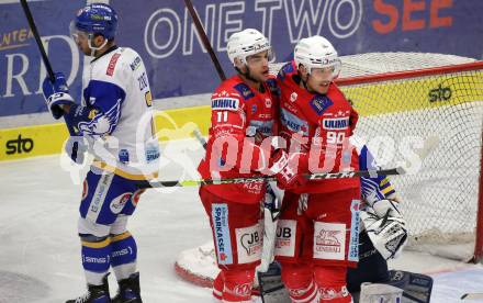 EBEL. Eishockey Bundesliga. VSV gegen KAC.  Torjubel Lukas Haudum, Matthew Fraser  (KAC). Villach, am 19.3.2021.
Foto: Kuess
www.qspictures.net
---
pressefotos, pressefotografie, kuess, qs, qspictures, sport, bild, bilder, bilddatenbank