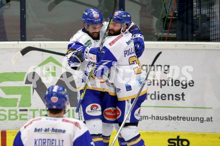 EBEL. Eishockey Bundesliga. VSV gegen KAC.  Torjubel Matt Mangene, Jerry Pollastrone (VSV). Villach, am 19.3.2021.
Foto: Kuess
www.qspictures.net
---
pressefotos, pressefotografie, kuess, qs, qspictures, sport, bild, bilder, bilddatenbank