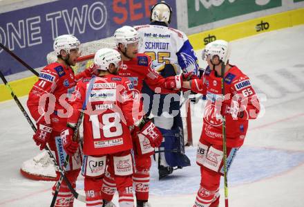 EBEL. Eishockey Bundesliga. VSV gegen KAC.  Torjubel Lukas Haudum, Matthew Fraser, Thomas Koch, Michael Kernberger (KAC). Villach, am 19.3.2021.
Foto: Kuess
www.qspictures.net
---
pressefotos, pressefotografie, kuess, qs, qspictures, sport, bild, bilder, bilddatenbank