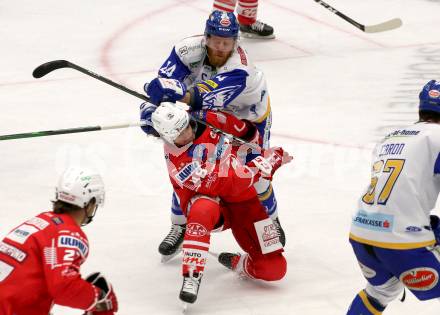 EBEL. Eishockey Bundesliga. VSV gegen KAC.  Jamie Fraser,  (VSV), Samuel Witting (KAC). Villach, am 19.3.2021.
Foto: Kuess
www.qspictures.net
---
pressefotos, pressefotografie, kuess, qs, qspictures, sport, bild, bilder, bilddatenbank