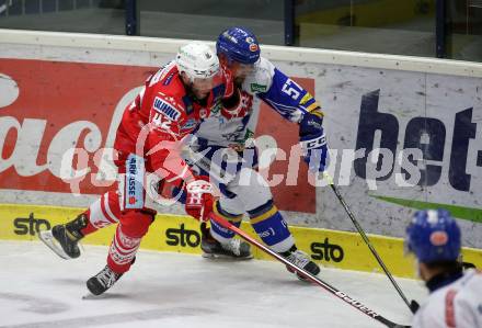 EBEL. Eishockey Bundesliga. VSV gegen KAC. Matt Mangene, (VSV), Rok Ticar   (KAC). Villach, am 19.3.2021.
Foto: Kuess
www.qspictures.net
---
pressefotos, pressefotografie, kuess, qs, qspictures, sport, bild, bilder, bilddatenbank