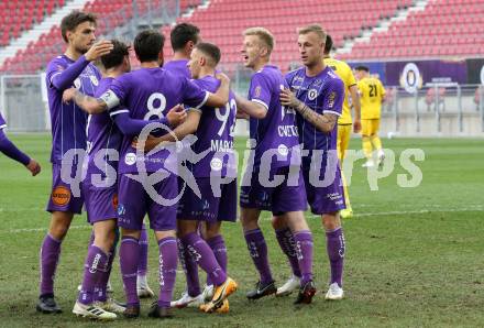 Fussball 2. Liga. SK Austria Klagenfurt gegen  Kapfenberger SV. Torjubel Markus Pink, Patrick Greil,  Kosmas Gkezos, Christopher Cvetko, Thorsten Mahrern Florian Jaritz (Klagenfurt). Klagenfurt, am 9.4.2021.
Foto: Kuess
www.qspictures.net
---
pressefotos, pressefotografie, kuess, qs, qspictures, sport, bild, bilder, bilddatenbank