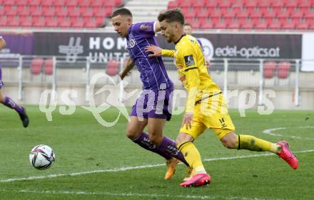 Fussball 2. Liga. SK Austria Klagenfurt gegen  Kapfenberger SV. Fabio Markelic, (Klagenfurt),  Elvedin Heric   (Kapfenberger SV). Klagenfurt, am 9.4.2021.
Foto: Kuess
www.qspictures.net
---
pressefotos, pressefotografie, kuess, qs, qspictures, sport, bild, bilder, bilddatenbank