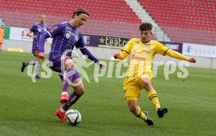 Fussball 2. Liga. SK Austria Klagenfurt gegen  Kapfenberger SV. Alex Timossi Andersson (Klagenfurt),  Martin Gschiel  (Kapfenberger SV). Klagenfurt, am 9.4.2021.
Foto: Kuess
www.qspictures.net
---
pressefotos, pressefotografie, kuess, qs, qspictures, sport, bild, bilder, bilddatenbank