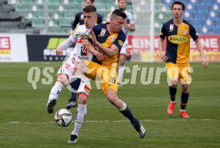 Fussball. Bundesliga. RZ Pellets WAC gegen FC Red Bull Salzburg. Dario Vizinger, (WAC), Zlatko Junuzovic  (Salzburg). Wolfsberg, am 25.4.2021.
Foto: Kuess
www.qspictures.net

---
pressefotos, pressefotografie, kuess, qs, qspictures, sport, bild, bilder, bilddatenbank