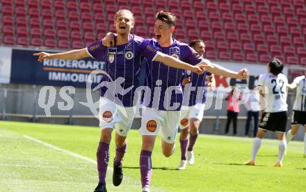 Fussball 2. Liga. SK Austria Klagenfurt gegen FC Juniors OOE.  Torjubel Patrick Greil, Tim Maciejewski (Klagenfurt). Klagenfurt, am 9.5.2021.
Foto: Kuess
www.qspictures.net
---
pressefotos, pressefotografie, kuess, qs, qspictures, sport, bild, bilder, bilddatenbank