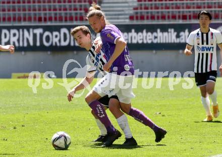 Fussball 2. Liga. SK Austria Klagenfurt gegen FC Juniors OOE.  Patrick Greil,  (Klagenfurt), Valentino Mueller (Juniors). Klagenfurt, am 9.5.2021.
Foto: Kuess
www.qspictures.net
---
pressefotos, pressefotografie, kuess, qs, qspictures, sport, bild, bilder, bilddatenbank